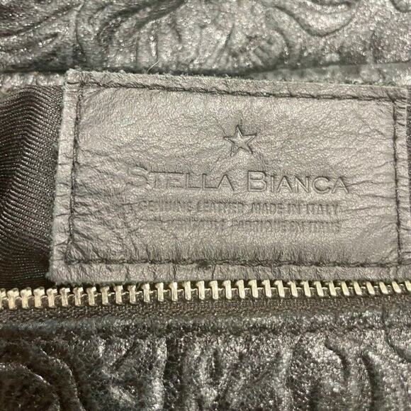 STELLA BIANCA SATCHEL CROSSBODY BAG MADE IN ITALY TOOLED EMBOSSED BLACK LEATHER - Picture 4 of 13